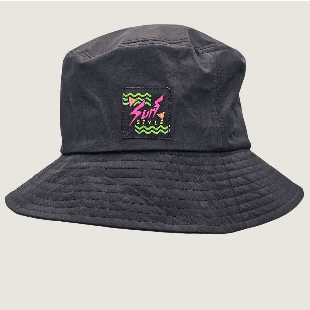 Vintage Surf Style Bucket Hat Black Neon Pink Green Retro 90s One Size Beach Cap